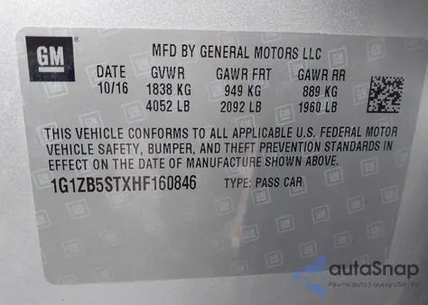 2017 Chevrolet Malibu Ls из США, поврежденный, VIN 1G1ZB5STXHF160846